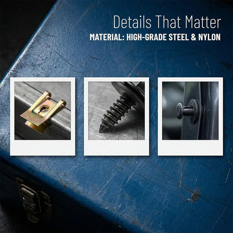 Heavy Duty Auto Body Screws And Bolts 50 Pack Badass Vehicle Splash Shield Clips Rust Resistant U Nut Fasteners Universal fit fasteners close-up