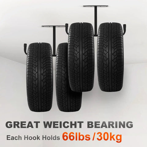 Four Pack Upgraded Overhead Garage Storage Racks Ceiling Mount System Durable Rust Resistant Shelves with mounted tires