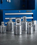 Six Piece Socket Adapter And Reducer Set For One Quarter, Three Eighths, And One Half Inch Drives With Chrome Vanadium Steel