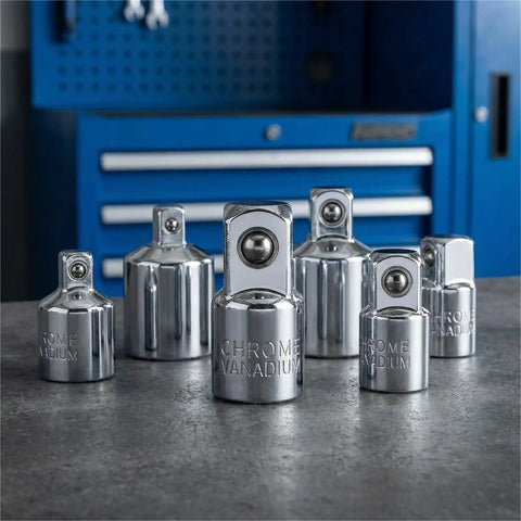 Six Piece Socket Adapter And Reducer Set For One Quarter, Three Eighths, And One Half Inch Drives With Chrome Vanadium Steel