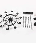 Black Industrial Wagon Wheel Chandelier Pendant Light For Kitchen Rustic Farmhouse Round Candle Style 10 Lights E12 Base Adjustable Height Ceiling Fixture showing components including metal rim and chains.