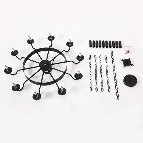 Black Industrial Wagon Wheel Chandelier Pendant Light For Kitchen Rustic Farmhouse Round Candle Style 10 Lights E12 Base Adjustable Height Ceiling Fixture showing components including metal rim and chains.