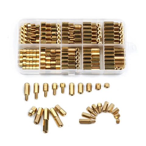 300 Piece M3 Copper Pillar Stand Off Kit With Hex Column Spacers And Threaded Screws Nuts Brass Fasteners For Electronics And DIY Projects Easy Install Durable Spacers For Stable Mounts And Reliable Hardware, assorted brass standoffs in organizer