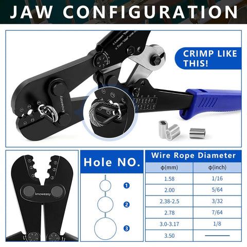 Handy Two In One Wire Rope Crimping And Cutting Tool For One Sixteenth To One Eighth Inch Cables with diagram of jaw configuration.