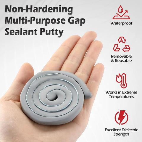 Hand holding grey Moldable Silicone Putty For Quick Gap Sealing Non Hardening Duct Sealant For Metal Glass Wood Ceramic