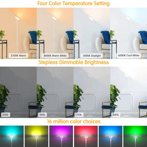 Smart RGB Floor Lamp With Alexa And Google Home WiFi, Tall Modern Torchiere Standing Lamp, color temperature and brightness settings