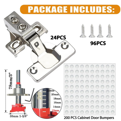 BESTEEL 24-pack 1/2 in overlay soft-close cabinet hinges, stainless steel, 100° opening, with drilling tool and manual