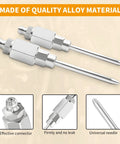 Two chrome grease gun needle tips with hex bases; side view of metal tips for lubricating in tight spaces.