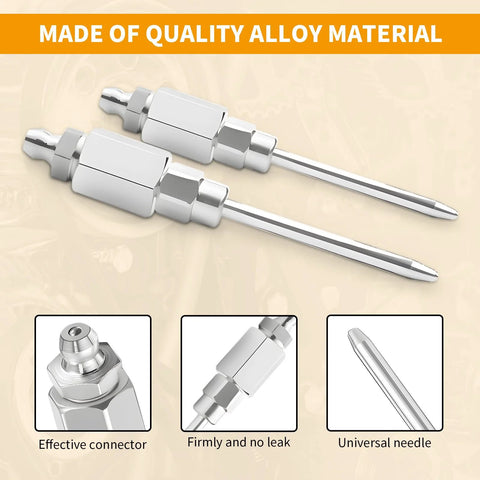 Two chrome grease gun needle tips with hex bases; side view of metal tips for lubricating in tight spaces.