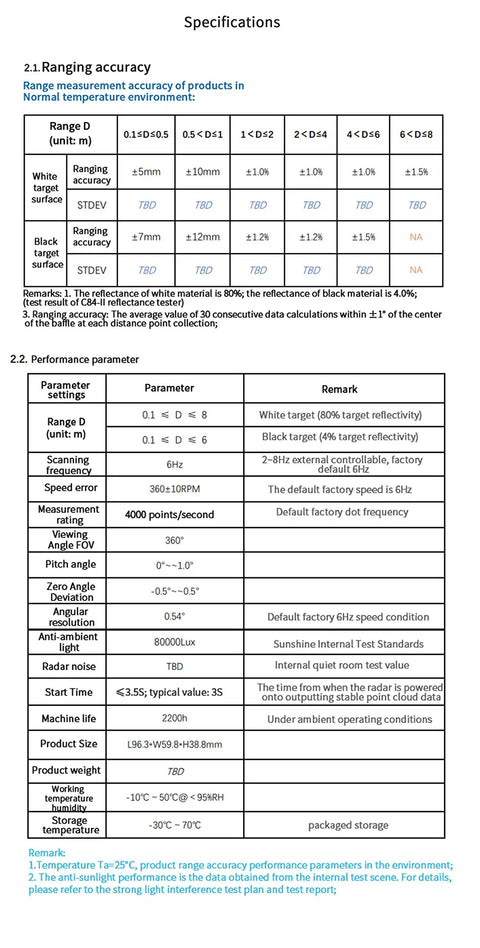 Specifications sheet for LD20 LiDAR Kit With 8 Meters Range And 360 Degree Scan, detailing ranging accuracy and performance parameters.