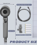 Gray Filtered Shower Head With High Pressure Handheld And Four Removable Spray Modes, 3 Stage Filtration Removes 99 Percent Hard Water Impurities, Rust Resistant ABS Shower Head For Power Washing Tub Tile And Pet Bath Cleanup, showing size and components