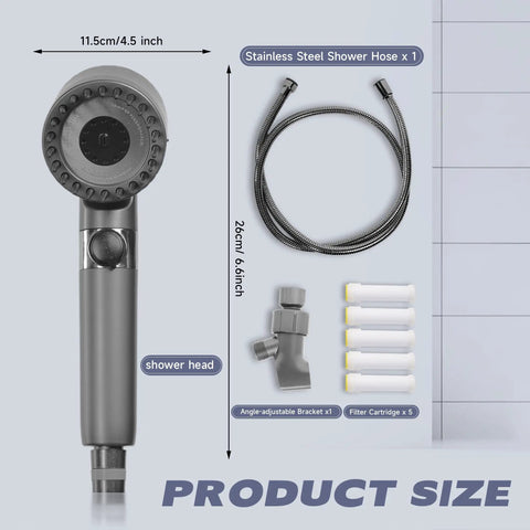Gray Filtered Shower Head With High Pressure Handheld And Four Removable Spray Modes, 3 Stage Filtration Removes 99 Percent Hard Water Impurities, Rust Resistant ABS Shower Head For Power Washing Tub Tile And Pet Bath Cleanup, showing size and components