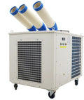 Crush The Heat Industrial Air Conditioner Dropping 28900 BTU Of Serious Portable Spot Cooling With 220V Plug And Play Setup For Warehouses Garages And Peak Summer Relief, showing three ducting hoses.