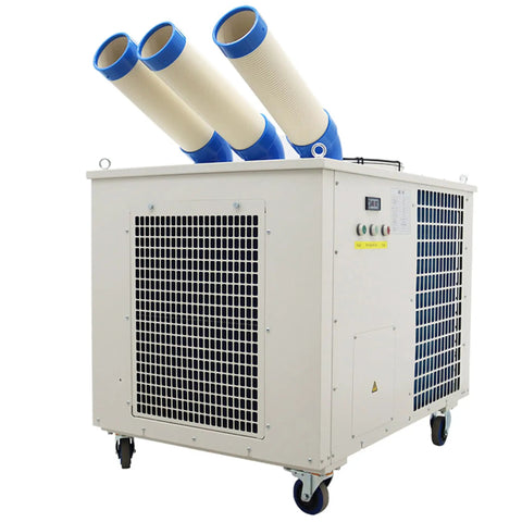 Crush The Heat Industrial Air Conditioner Dropping 28900 BTU Of Serious Portable Spot Cooling With 220V Plug And Play Setup For Warehouses Garages And Peak Summer Relief, showing three ducting hoses.
