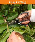 Using 2 Piece Garden Shears And Flower Scissors Set With 2.5mm Thick Stainless Steel Blades to trim plant branch.