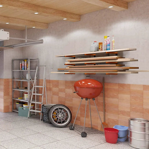 Garage with Heavy Duty Wall Mounted Lumber Storage Racks Wood Organizer 3 Level Metal Shelves holding wood planks