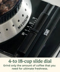 Electric Burr Coffee Grinder With One Touch Automation And Eighteen Position Grinding Dial For Hella Precise Fresh Beans Plus Super Fast Cleanup And Adjustable Cup Settings For Everyday Barista Vibes, 4-to-18 cup slide dial close-up.