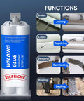 Heavy Duty Epoxy Glue Set That Cures In Five Minutes 1.76 Oz, shown with uses on metal cracks and repairs.