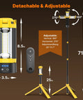 Image showing Remote Camping Light With 18000mAh Rechargeable Battery Power Bank, Detachable Tripod Stand Up To Six Feet, Three LED Lamp Heads For Camping Essentials And Emergency, All In One Lit Yellow with dimensions and remote control