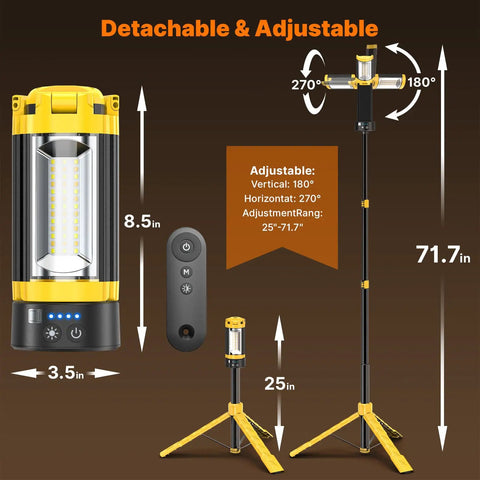 Image showing Remote Camping Light With 18000mAh Rechargeable Battery Power Bank, Detachable Tripod Stand Up To Six Feet, Three LED Lamp Heads For Camping Essentials And Emergency, All In One Lit Yellow with dimensions and remote control