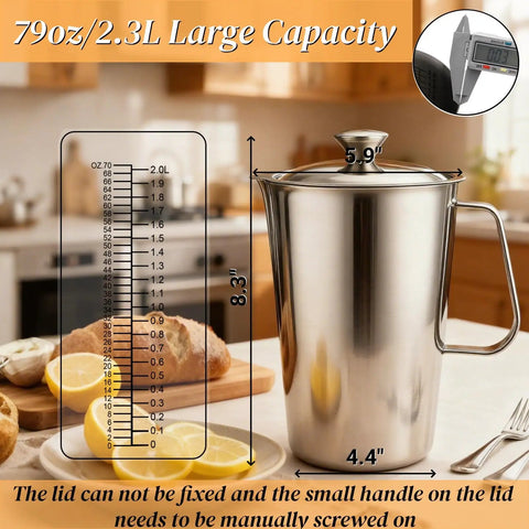 Barista Grade Stainless Steel Pitcher With Lid 79oz 2.3L Large Mouth Graduated Beaker With Markings Easy Grip Handle
