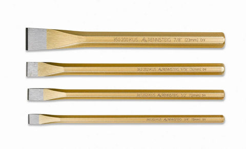 4 Piece Cold Chisel Set With Eight Inch Chisels In Seven Eighths, Three Eighths, Half, And Nine Sixteenths Inches, hand ground sharpened edges