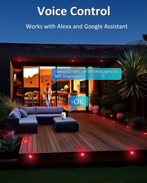 Outdoor RGB Deck Lights 30 Pack Waterproof Recessed 12V Low Voltage LED With Remote And App Control illuminating deck at night
