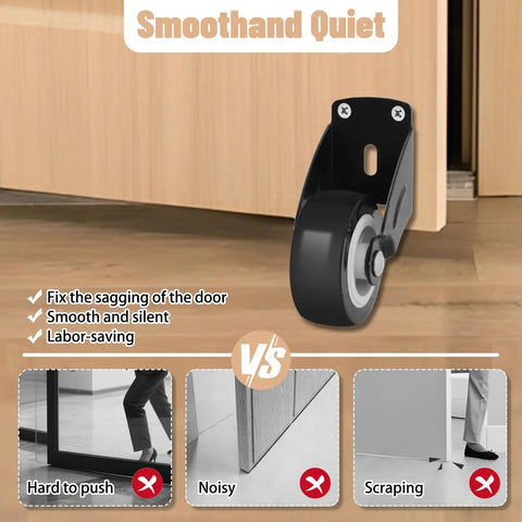 Heavy Duty 2 Inch Gate Caster Wheels 8 Pack Kick Bottom Sag To The Curb So Your Swing Doors Roll Slick As Butter Without Extra Friction Or Grinding On Wood Vinyl Outdoor Tracks, with a black wheel shown.