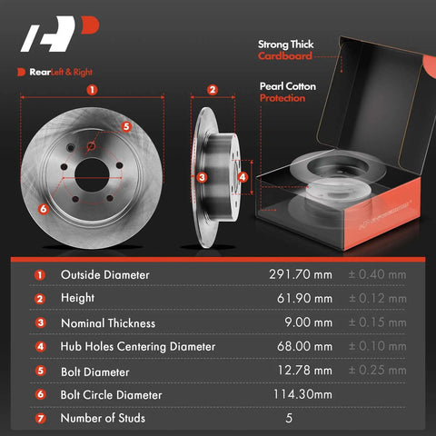 Rear Solid Disc Brake Rotors And Ceramic Pads Kit For Nissan, detailed dimensions and packaging included.