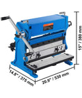 Front view of 12 Inch 3 In 1 Sheet Metal Brake Shear Roll Machine with 20 Gauge Capacity and 90 Degree Bend, blue with handle.