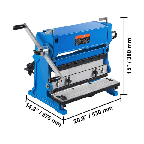 Front view of 12 Inch 3 In 1 Sheet Metal Brake Shear Roll Machine with 20 Gauge Capacity and 90 Degree Bend, blue with handle.