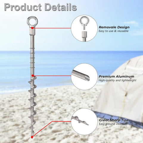 Beefy Heavy Duty 12 Pack 14 Inch Ground Anchors Screw In Non Rust Cast Aluminum Detachable Tent Stakes on a sandy beach