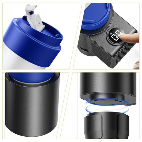 Close-up of Smart Car Cup Cooler And Heater With One Touch Temp Control showing top, control panel, and base details.