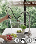 Kitchen Faucet with Glass Rinser & LED Temperature, Pull Down Sprayer, 19-inch flexible hose, pouring water over fruits.