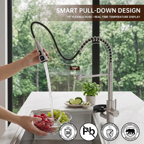 Kitchen Faucet with Glass Rinser & LED Temperature, Pull Down Sprayer, 19-inch flexible hose, pouring water over fruits.