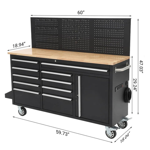 61 Inch Rolling Tool Chest With 10 Drawers And Built In Power Strip, Solid Rubber Wood Top, Heavy Duty Mobile Workstation On Wheels.