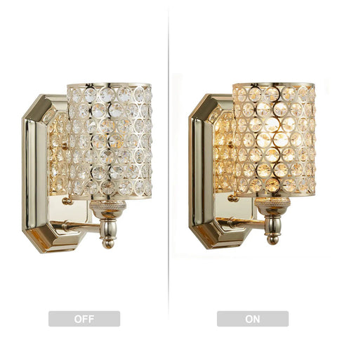 Two Pack Crystal Wall Sconce Lights With Champagne Finish Modern Minimalist Style Slick Polyhedral Crystal Shade, Off and On