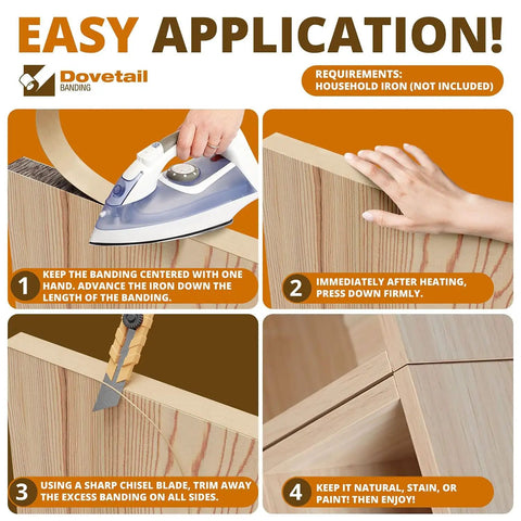 Step-by-step application of Birch Edge Banding Veneer Tape 50 Ft Roll Three Quarters Inch Width Pre Glued Iron On Edging For Cabinets And Furniture Real Wood Veneer Strips Pro Look Durable Birch Veneer Perfect For DIY Cabinets Furniture Makeovers And Shelving Projects with iron, hand pressing, trimming, and finished look