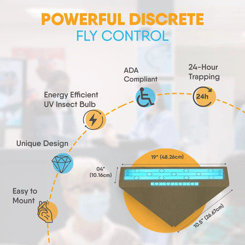 Diagram showing WS 90 Indoor Fly Trap With Blue Light For Restaurants And Healthcare Facilities, features and dimensions.