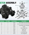 3/4 Inch Dual Ports Paddlewheel Flow Meter Assembly With 15659 Right Angle Cover for Fleck 2510 and 5600 Valves Exploded View Diagram