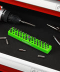 One Quarter Inch Hex Bit Organizer With Magnetic Base In Green Holds Up To Forty Three Hex Bits Built Tough Magnetic Bit Tray For Sockets And Drivers Durable Polypropylene Construction Compact 43 Bit Holder displayed in a toolbox.