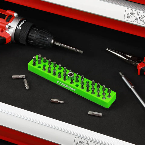 One Quarter Inch Hex Bit Organizer With Magnetic Base In Green Holds Up To Forty Three Hex Bits Built Tough Magnetic Bit Tray For Sockets And Drivers Durable Polypropylene Construction Compact 43 Bit Holder displayed in a toolbox.