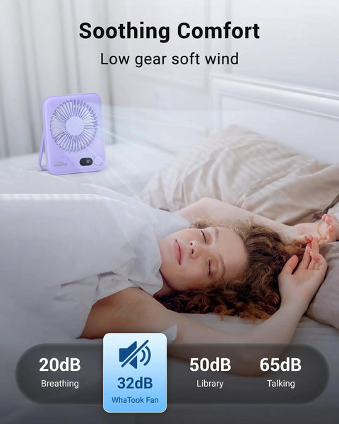 Person sleeping next to purple Portable Desk Fan With 5000mAh Battery Delivers Up To 25 Hours Of Quiet All Day Breeze For Office Sleep Travel