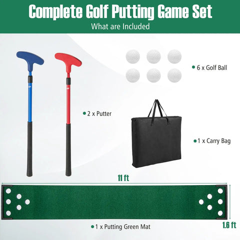 Indoor Outdoor 11Ft Golf Putting Mat Set With 2 Adjustable Putters, 6 Balls And 12 Hole Covers on display