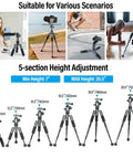 Compact Mini Desktop Tripod For DSLR, Mirrorless Camera, Phone And Action Cam With 360 Degree Ball Head, 20 Inch Aluminum Portable Tabletop Stand, Holds Up To 17.64 LB, Includes Phone Holder, AM TT50 showing various heights and uses.