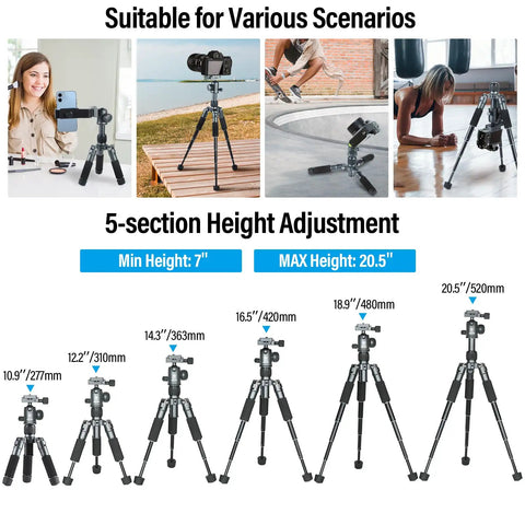 Compact Mini Desktop Tripod For DSLR, Mirrorless Camera, Phone And Action Cam With 360 Degree Ball Head, 20 Inch Aluminum Portable Tabletop Stand, Holds Up To 17.64 LB, Includes Phone Holder, AM TT50 showing various heights and uses.