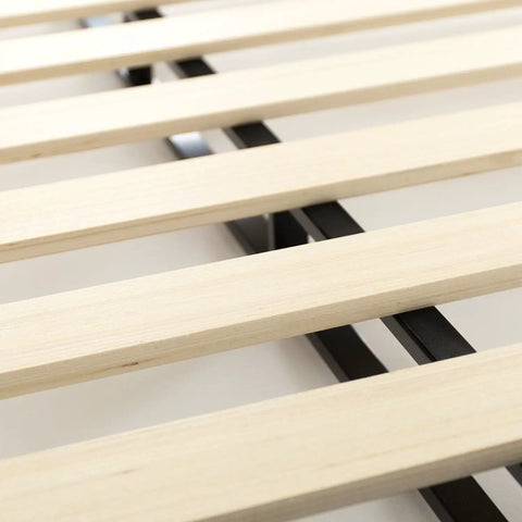 Close-up of tightly aligned wood slats on a metal frame for Full Size Metal Box Spring With 4 Inch Mattress Foundation Backed By Heavy Duty Steel Core.