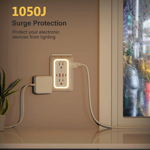 Straight Up Best Wide Spaced Wall Outlet Extender Includes Night Light Six AC Outlets Four USB Charging Ports And Functions As A Surge Protected Power Strip Doing Heavy Duty Plug Ins Daily with a cozy night light.