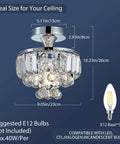 Modern Chrome Crystal Semi-Flush Mount LED Chandelier Ceiling Light For Dining Room Living Room Bedroom And Bathroom 9 Inch Diameter 10 Inch Height Crystal Tube Design Tarnish-Resistant And Durable shown with dimensions and bulb compatibility.