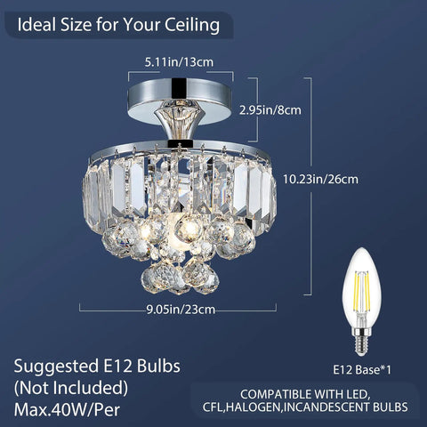 Modern Chrome Crystal Semi-Flush Mount LED Chandelier Ceiling Light For Dining Room Living Room Bedroom And Bathroom 9 Inch Diameter 10 Inch Height Crystal Tube Design Tarnish-Resistant And Durable shown with dimensions and bulb compatibility.